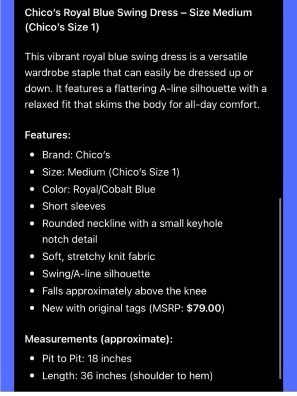 CHICO’S Royal Blue Swing T Shirt Dress Size Medium New! - Picture 7 of 7